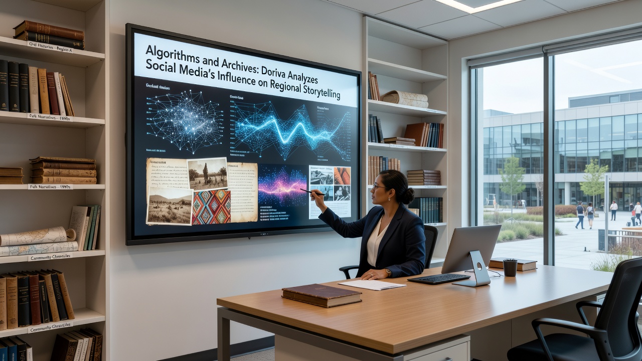 Archivist reviewing social media data logs next to a regional storytelling exhibit