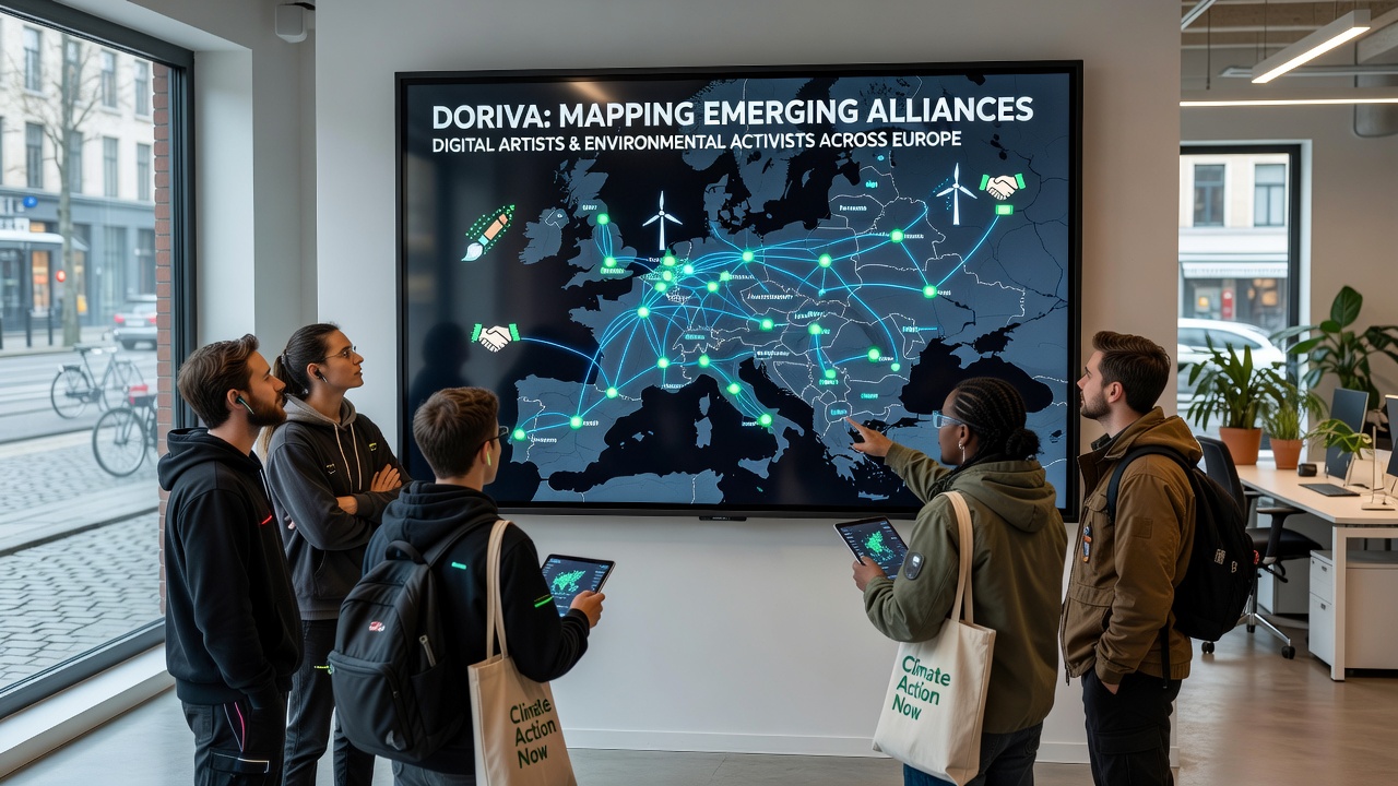 Environmental activists and digital creators reviewing real-time sensor data during an outdoor installation in a European park